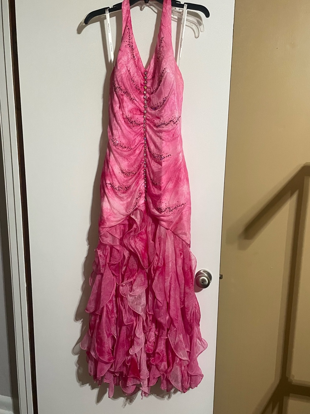 La Femme Pink Halter Ruffled Prom Gown